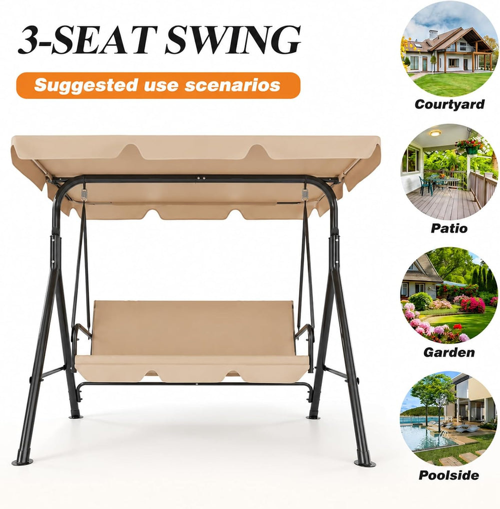 Garvee 3 Seat Outdoor Porch Swing with Adjustable Canopy, Patio Swing Chair w...