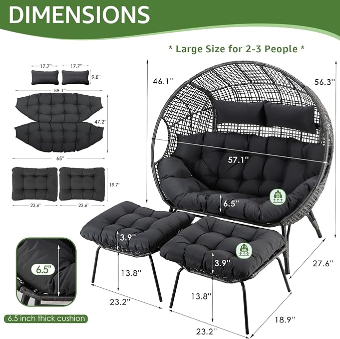 NICESOUL Luxury Double Egg Chair with Footrest & Cushions, Two Person Wic...