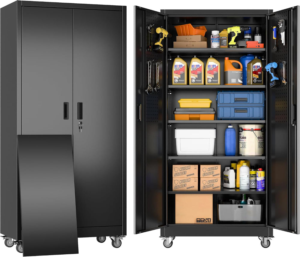 Metal Garage Storage Cabinet with Wheels and Pegboard Doors