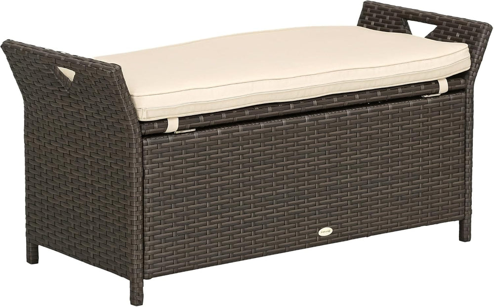 Outsunny 29 Gallon Patio Wicker Storage Bench Outdoor PE Rattan Cream White