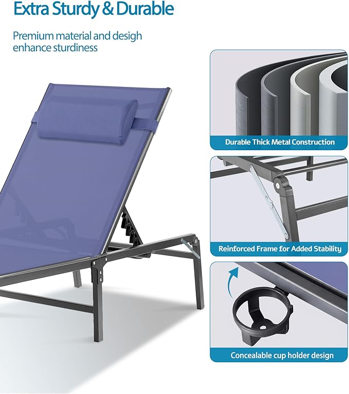 2 Pack Foldable Chaise Lounge Chair with Cup Holder, Assemble-Free Outdoor Lo...