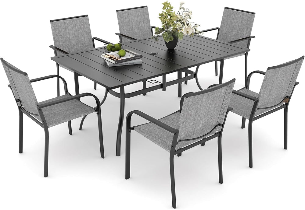 Anmutig 7-Piece Outdoor Dining Set, 63" Patio Table, Stackable Chairs Gray