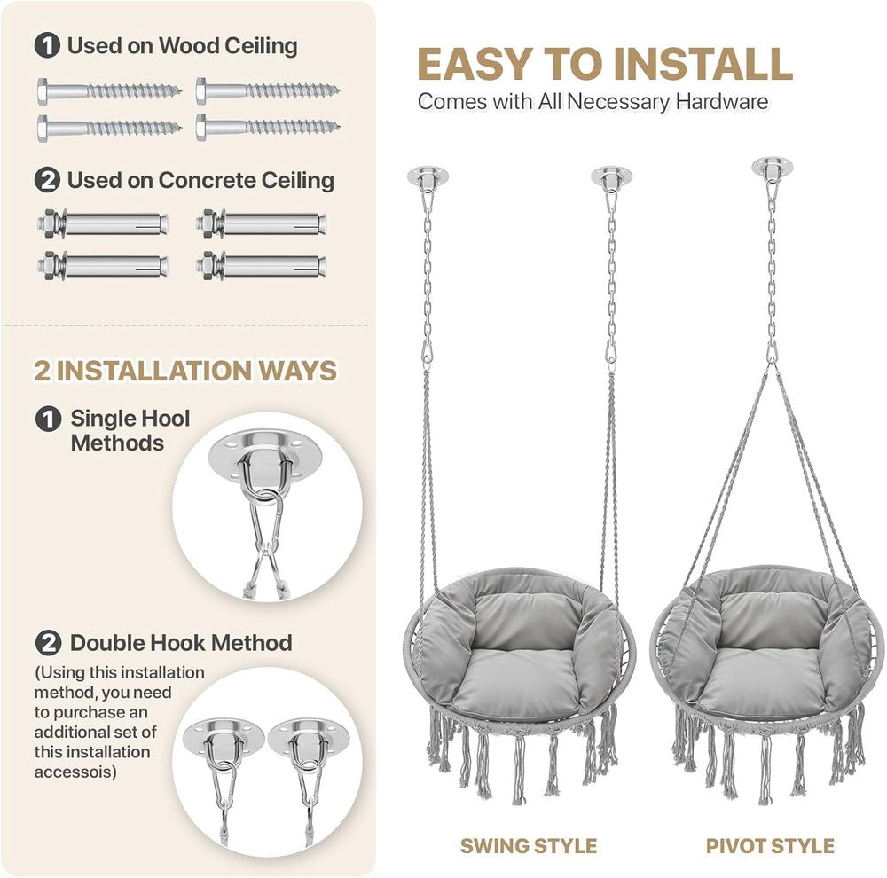 Monibloom Hanging Hammock Chair with Cushion, Macrame Swing Chair, Gray