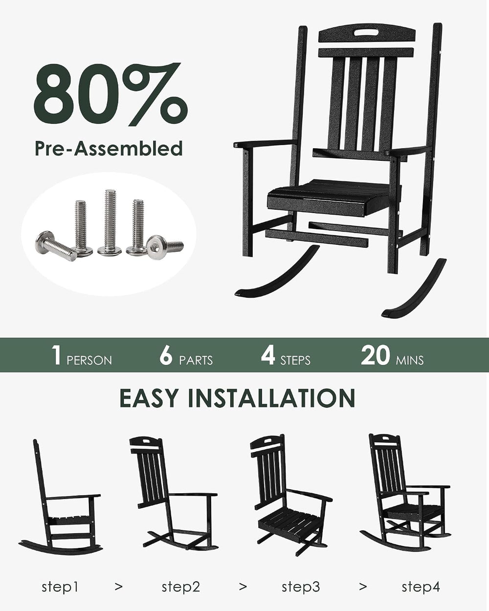 Outdoor Rocking Chair, All-Weather Resistant Poly Lumber Chair