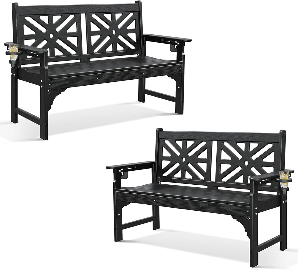 Oversized Outdoor Bench Set of 2, 51.5” HDPE Aesthetic Garden Bench with Cup ...