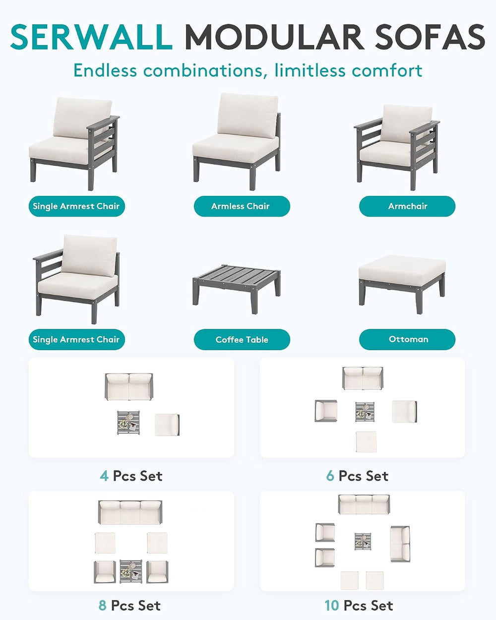 SERWALL HDPE Patio Furniture Set, 8 Pieces Composite Outdoor Furniture
