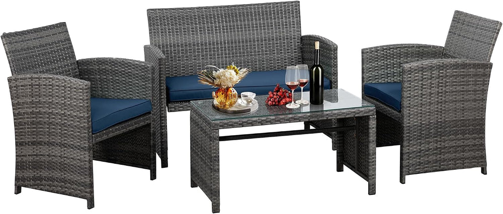 JAMFLY 4 Piece Outdoor Patio Furniture Set, Outdoor Wicker Rattan Chairs Conv...