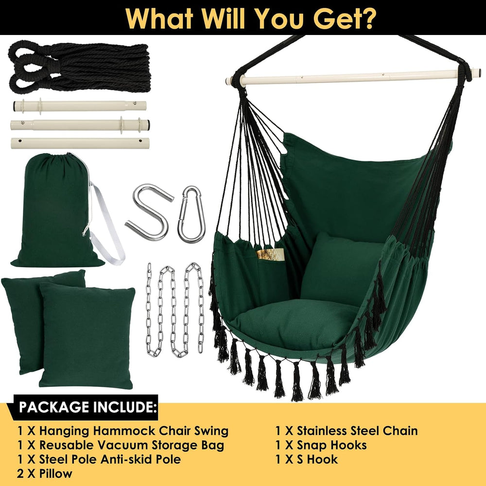 Y- STOP Hammock Chair Hanging Rope Swing, Max 500 Lbs, 2 Cushions Included, L...