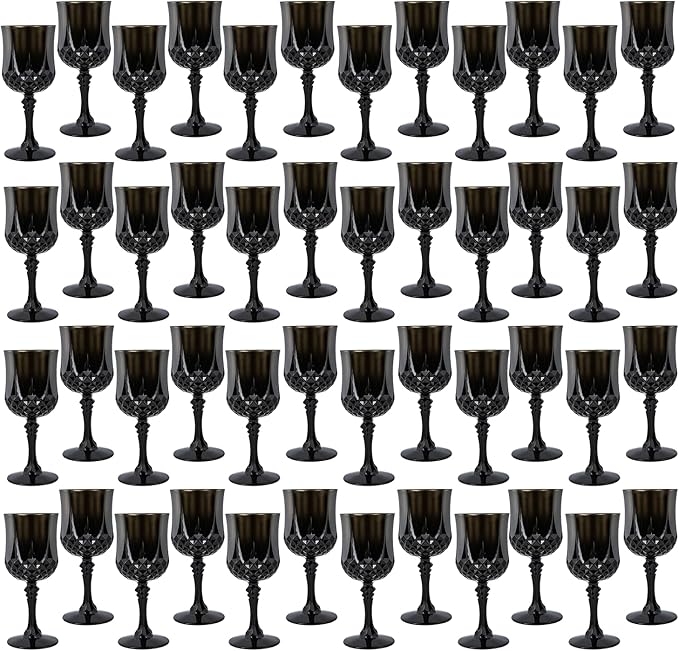 Plastic Wine Glasses,Plastic Goblets Vintage Style Cordial Drinking Glasses for Wedding Reception, Halloween Grand Event Party Supplies (48, Black) (48Pack)