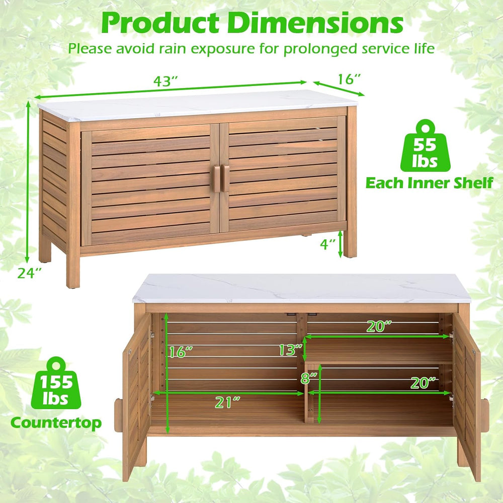 Goplus Patio Storage Cabinet, 2-Door Acacia Wood Console Table with Faux Marb...
