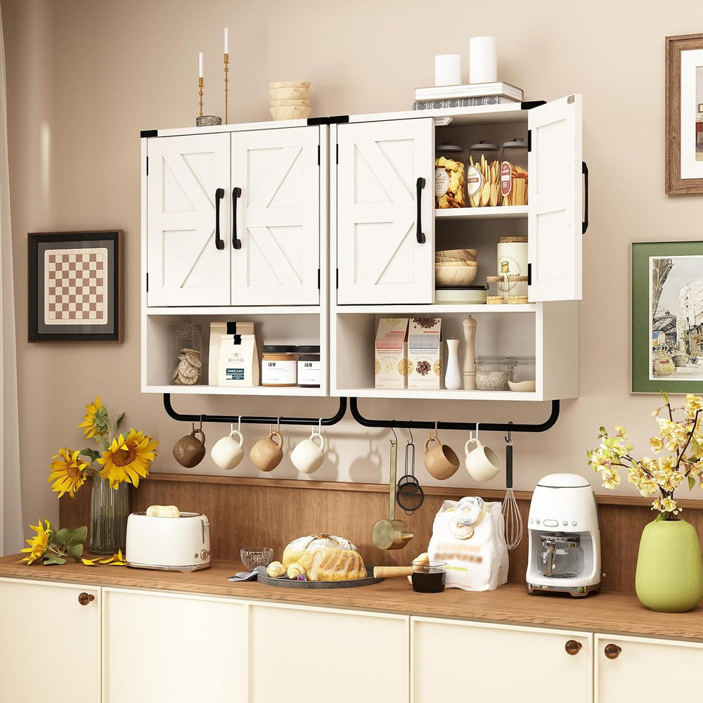 RUSTOWN Farmhouse Wall Storage Cabinet with 2 Barn Door & Towel Rack