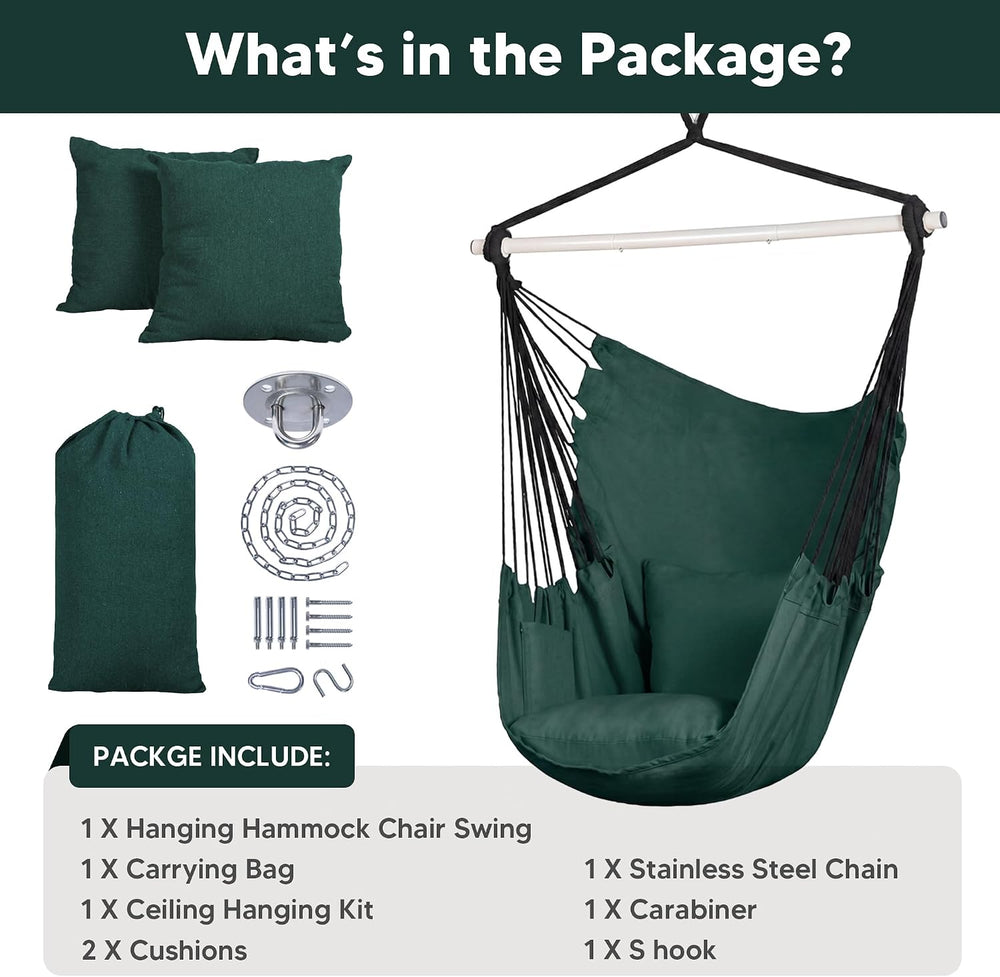 SUNCREAT Hammock Chair Hanging Rope Swing Seat-Max 450lbs Capacity, Green