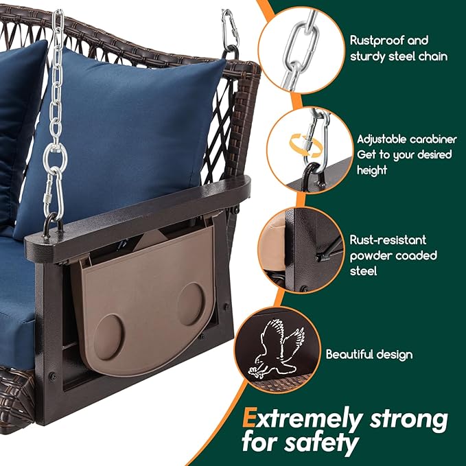 Upgraded Wicker Hanging Porch Swing Heavy Duty 900 LBS 3-Seat Outdoor Patio S...