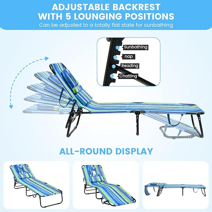 GYMAX Tanning Chair, 350lbs Beach Lounge Chair with Face Hole, Washable Pillo...