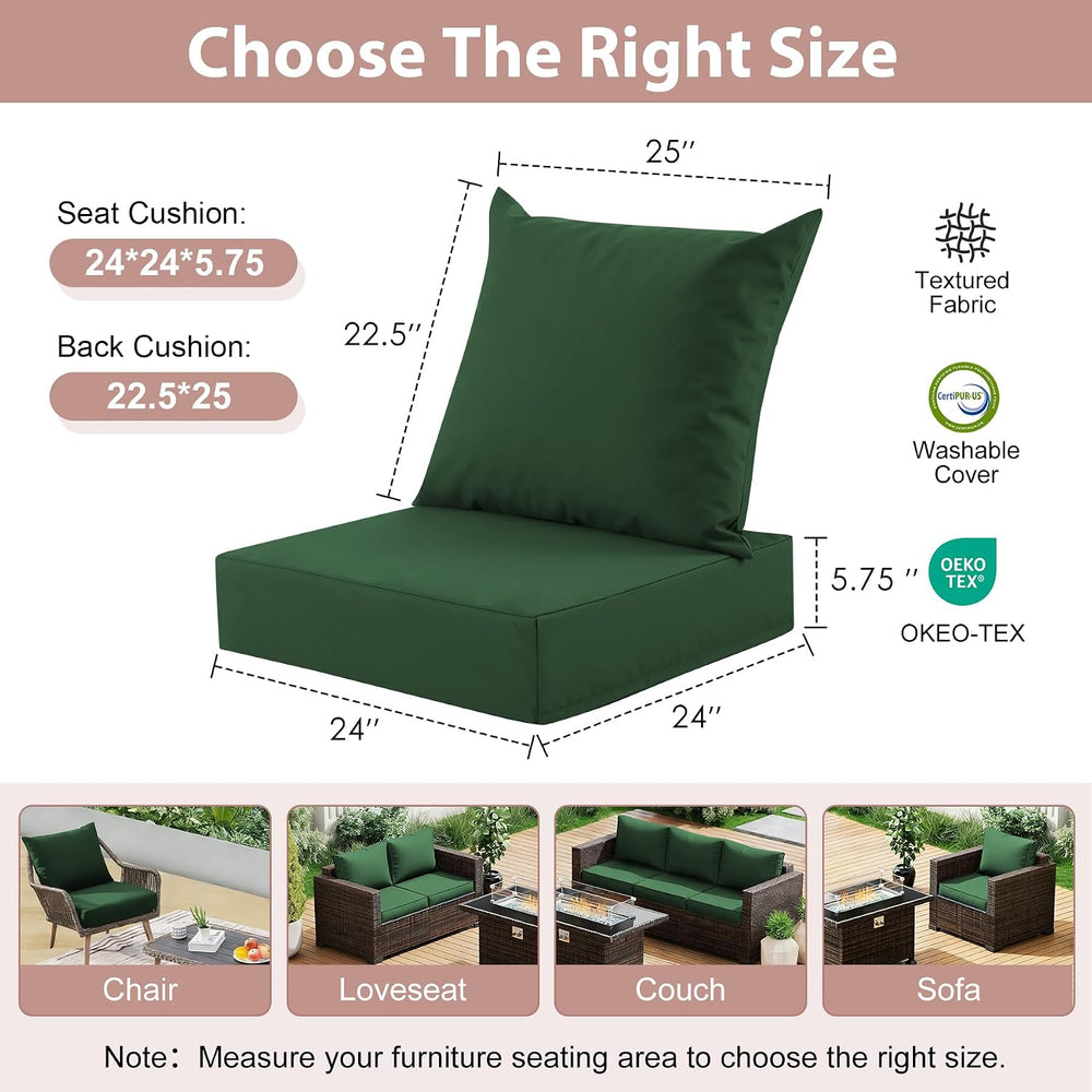 Outdoor Deep Seat Cushion Set, 24x24 Inch, Forest Green, Set of 4