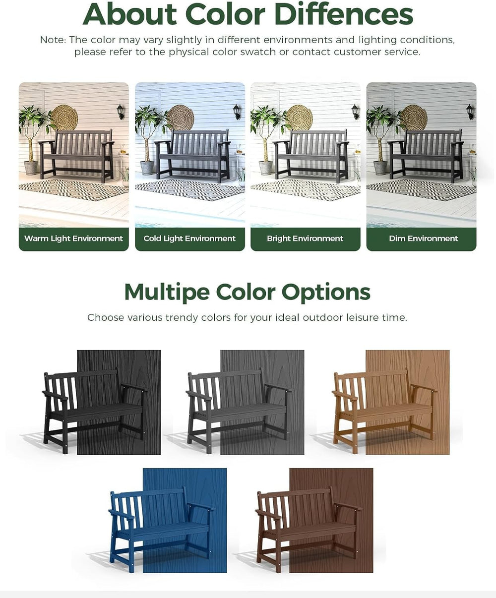 48" HDPE Weatherproof Outdoor Bench, Garden Porch Benches, Grey