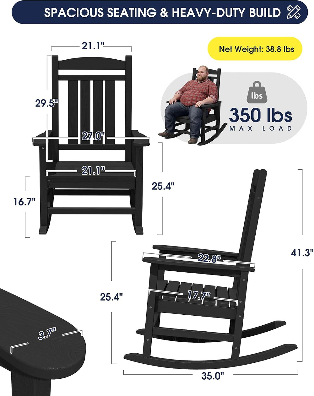 KINGYES Oversized Outdoor Rocking Chair for Adults, Porch Rockers, Black