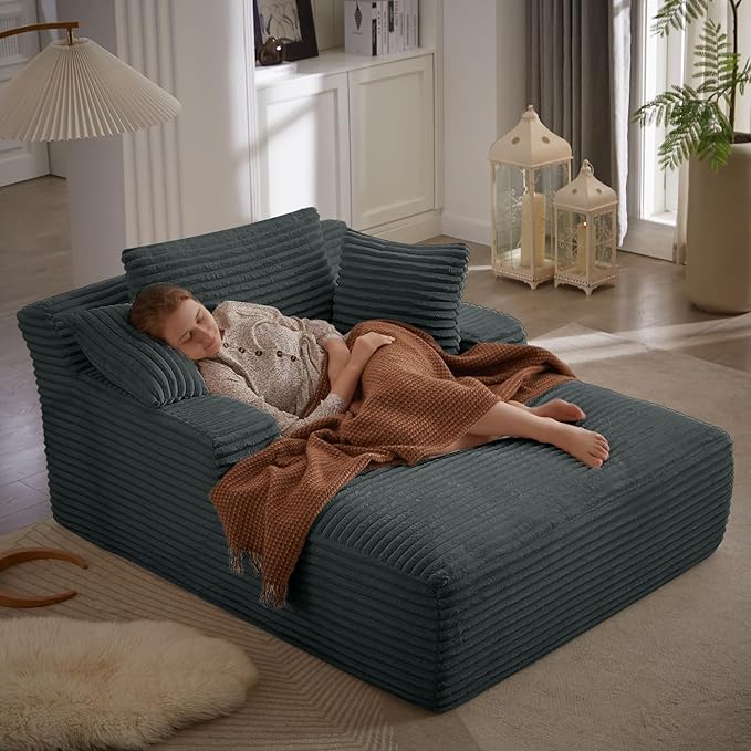 50 Inch Chaise Lounge Chair Indoor, Oversized Corduroy Upholstered Boneless S...