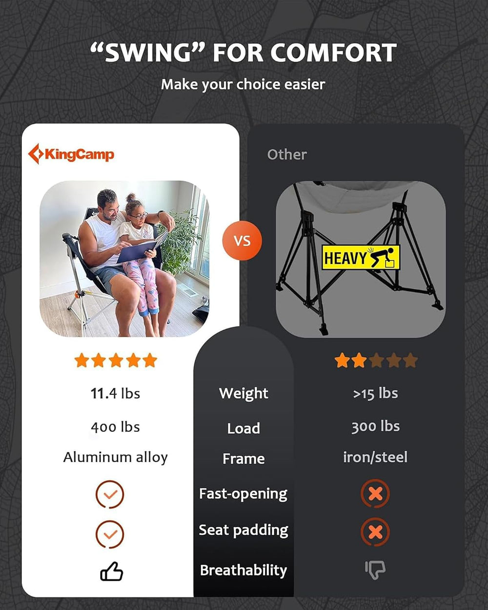 KingCamp Hammock Chair with Footrest, Heavy Duty Swinging Chairs 400lbs