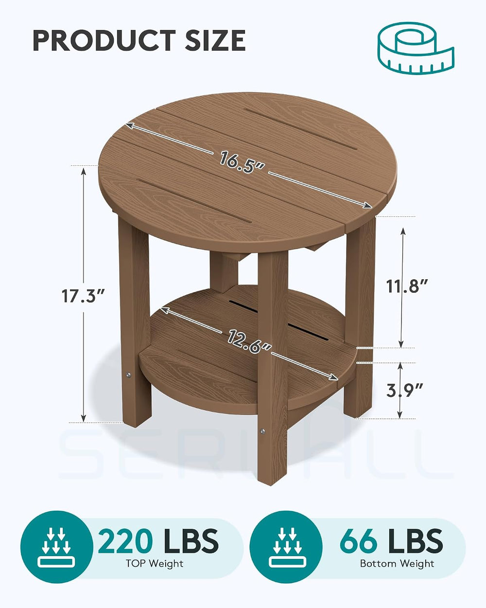 SERWALL Round Outdoor Side Table Set of 2, HDPE Small Adirondack Double End T...
