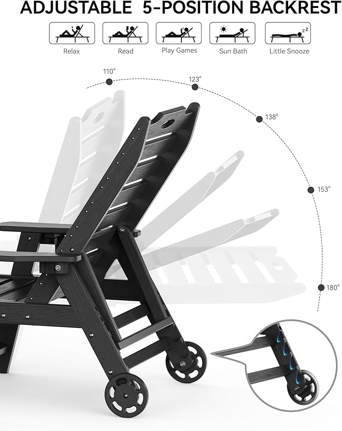 Carauci Lounge Chair Outdoor Set of 2, HDPE Chaise Lounge with Wheels, 5-Posi...