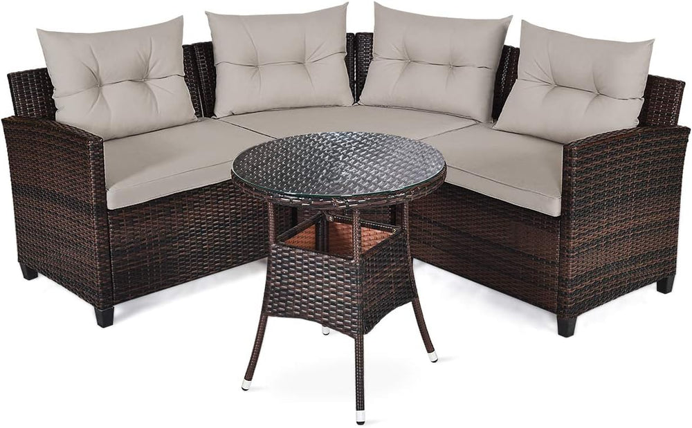 HAPPYGRILL 4 Pieces Patio Furniture Set Outdoor Rattan Wicker Conversation Se...
