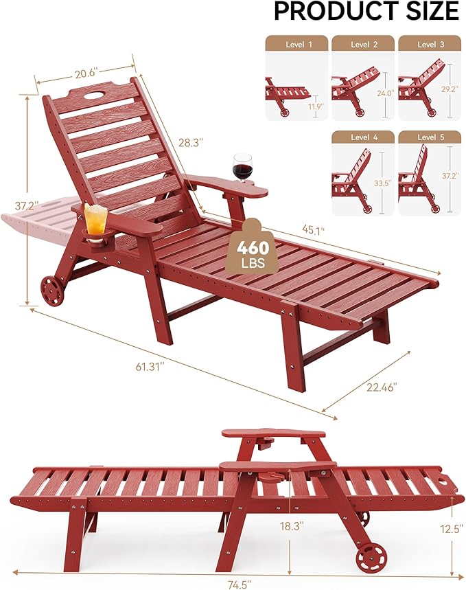 Carauci Lounge Chair Outdoor Set of 4, HDPE Chaise Lounge with Wheels, 5-Posi...