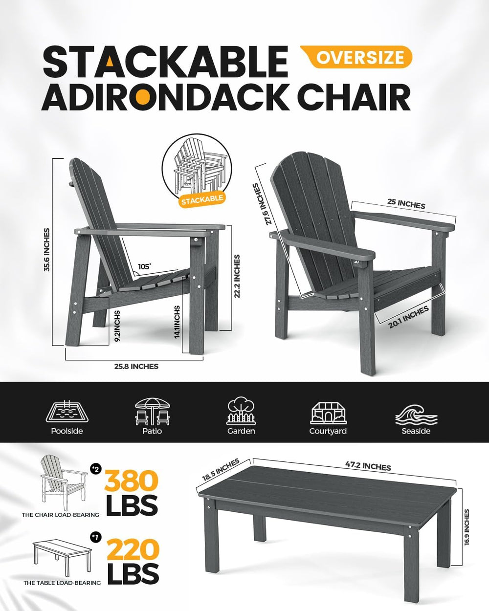 Stackable Adirondack set, 4 Chair with Table, Patio set, Grey