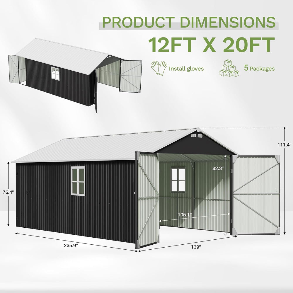 Greesum 12x20FT Heavy Duty Metal Garage with Side Door, Black