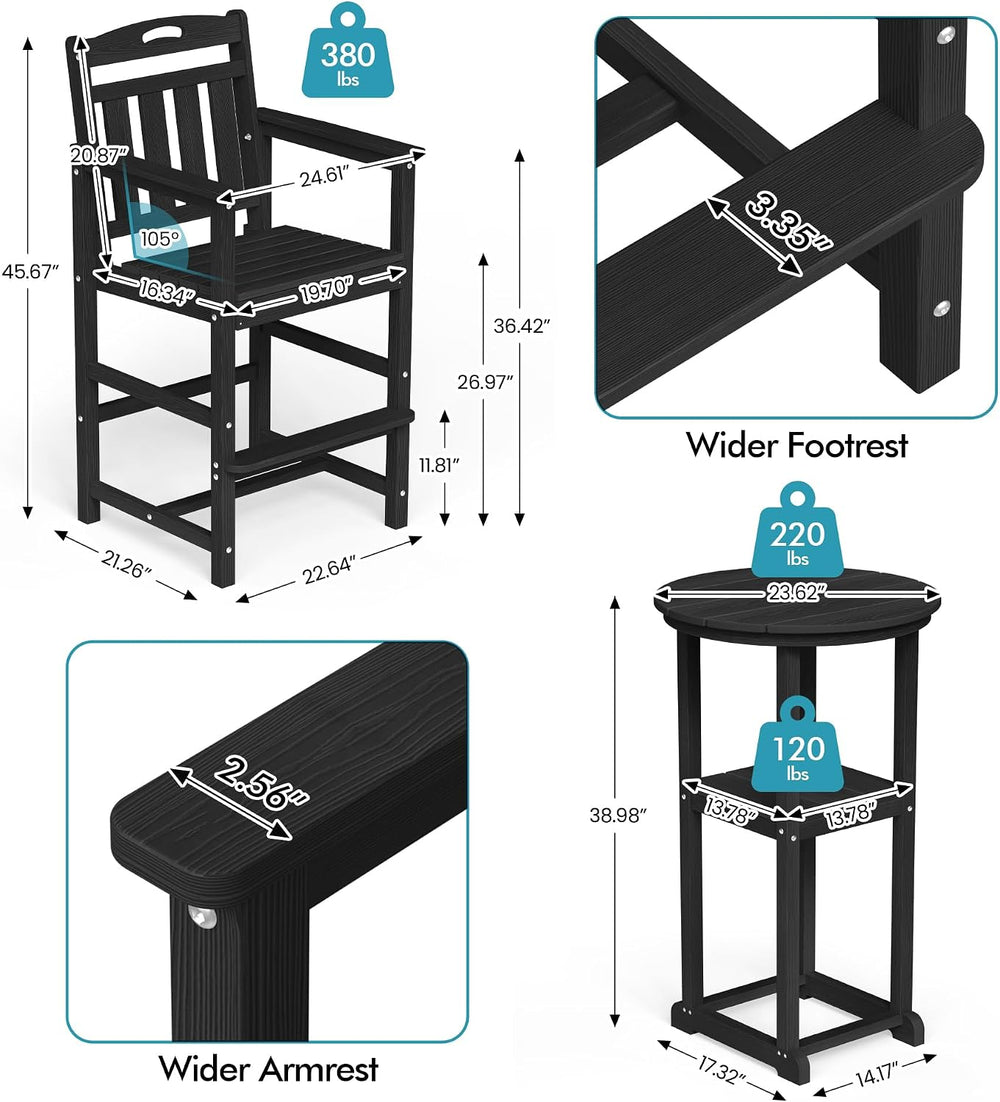 Ciokea Outdoor High Top Bar Set of 3, Space-Saving Bistro Table and Chairs, A...