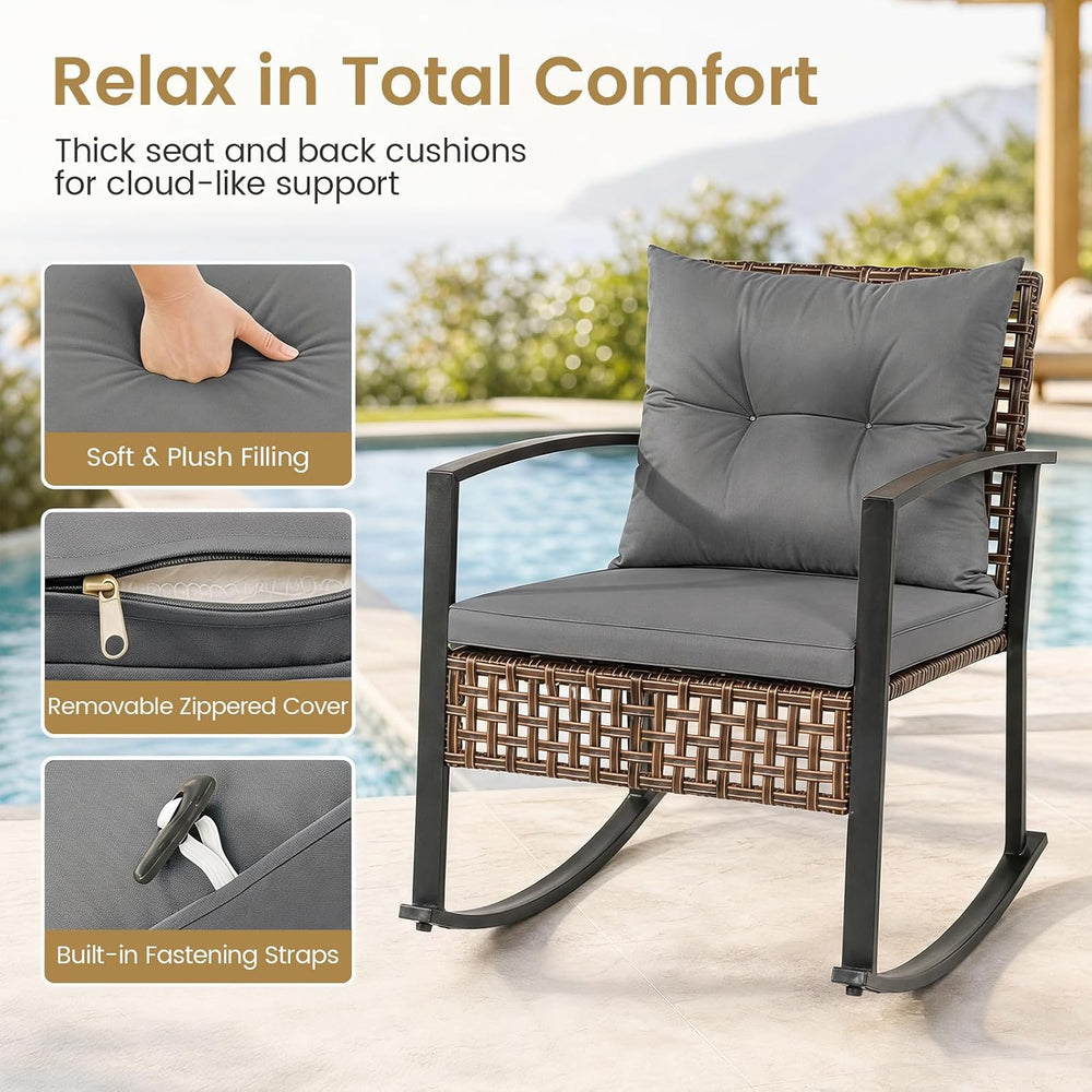 Tangkula 3-Piece Outdoor Rocking Chair Set w/ 2-Tier Glass-Top Side Table