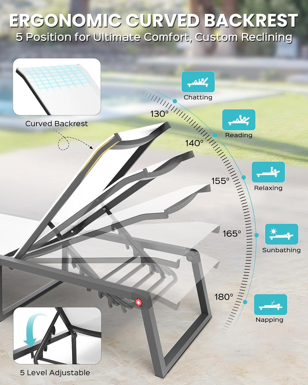 Aluminum Chaise Lounge Chair Outdoor, Foldable& No Assembly Patio Pool Lo...
