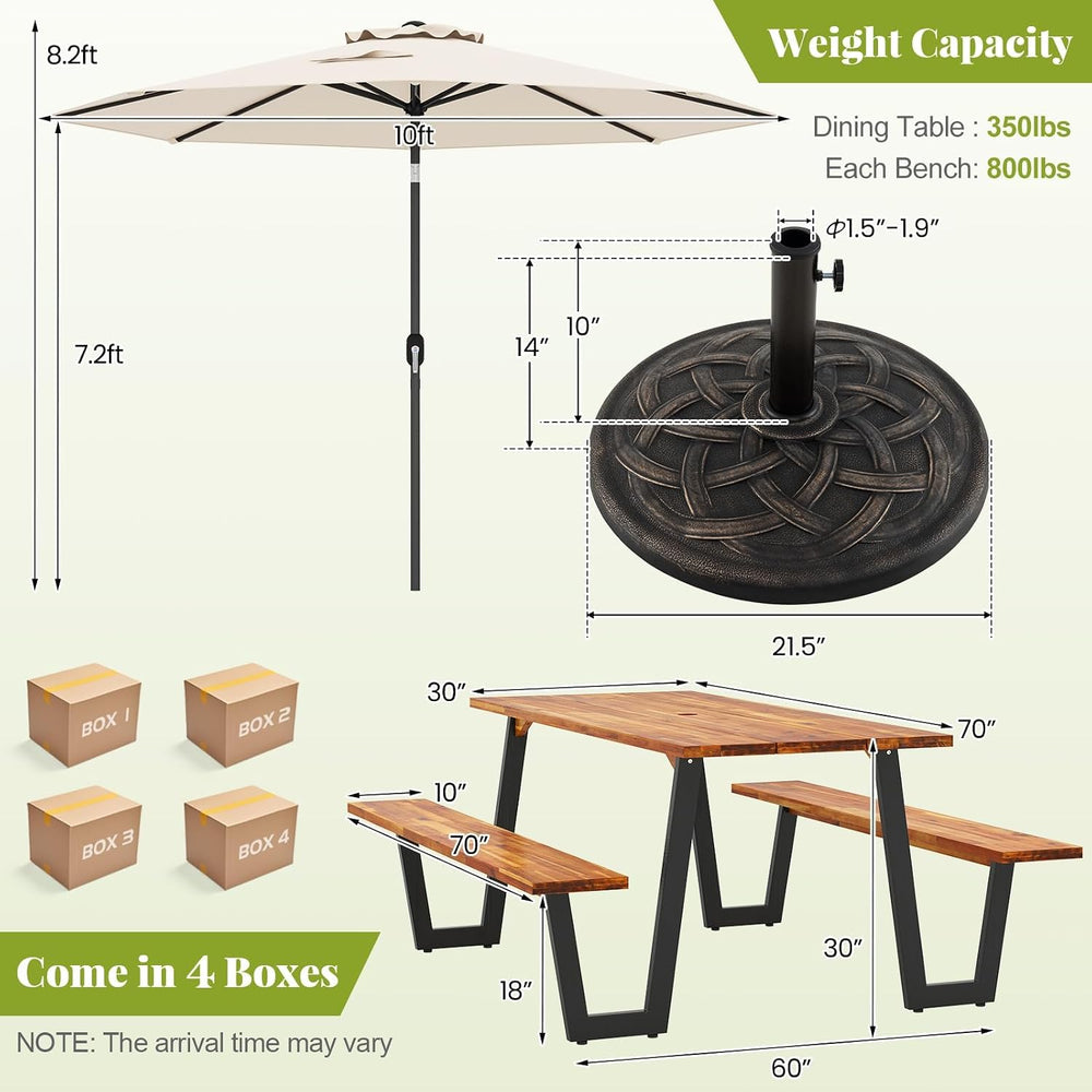 S AFSTAR 70" Acacia Wood Outdoor Picnic Table Set with 10Ft Umbrella &am...