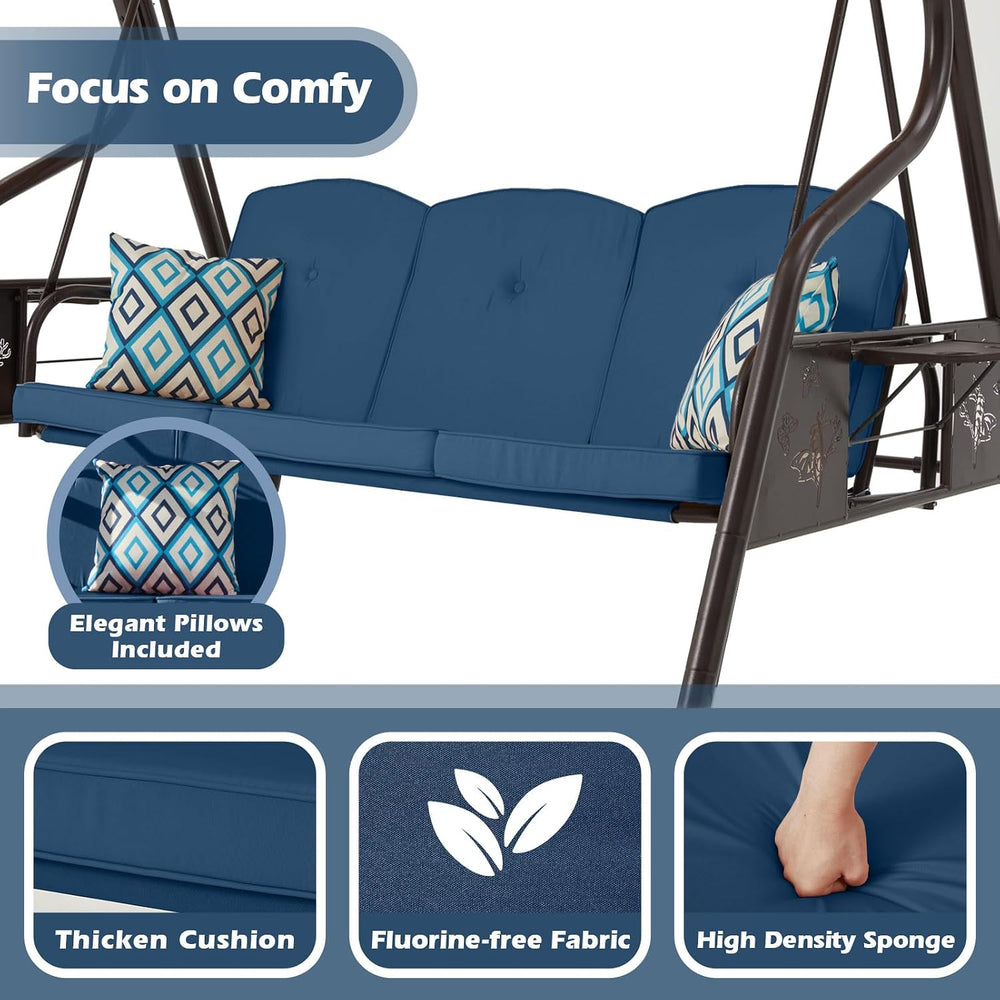 ZZW 3-Seat Patio Porch Swing 800LBS Outdoor Swing with Stand w/Canopy & A...