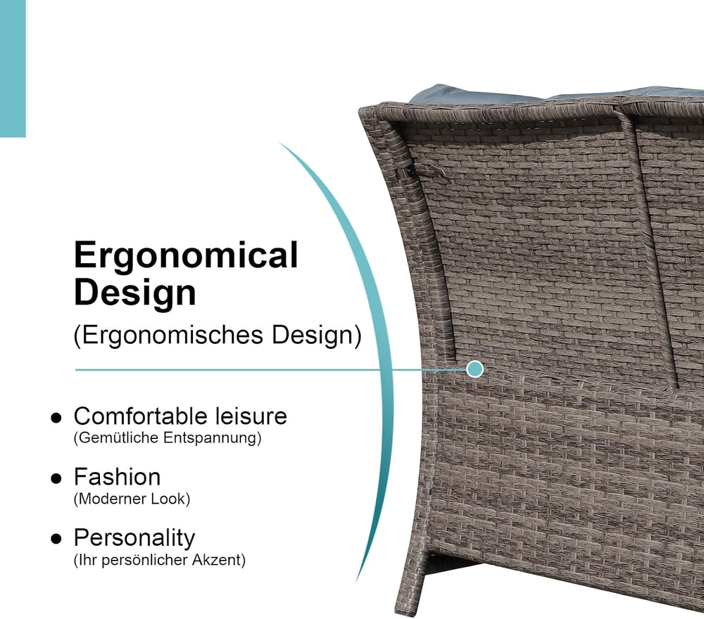 OC Orange-Casual Wicker Patio Loveseat Sofa w/Storage Ottoman, 2 Pcs, Gray