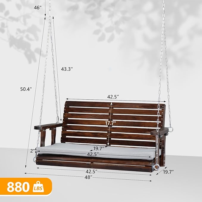 VINGLI Outdoor 4 FT Porch Swing, Heavy Duty 880 LBS Wooden Patio Swings with ...