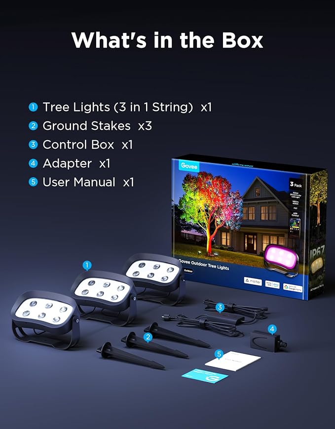 Govee Outdoor Tree Lights 3-Pack, RGBWIC LED Landscape Lighting, Outdoor Ligh...