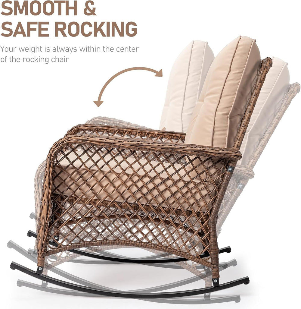 Wicker Rocking Chair, Rattan Patio Rocker with Cushion, Beige