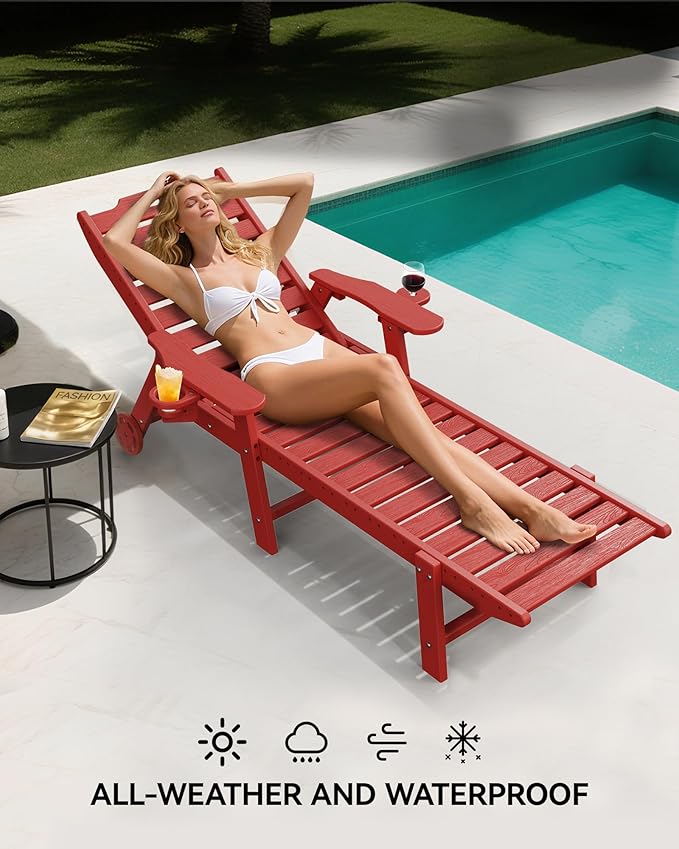 Carauci Lounge Chair Outdoor Set of 4, HDPE Chaise Lounge with Wheels, 5-Posi...