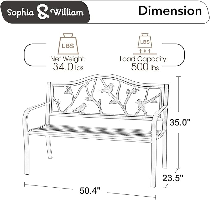 Sophia & William Outdoor Bench, Porch Bench, Garden Bench, Wrought Iron B...
