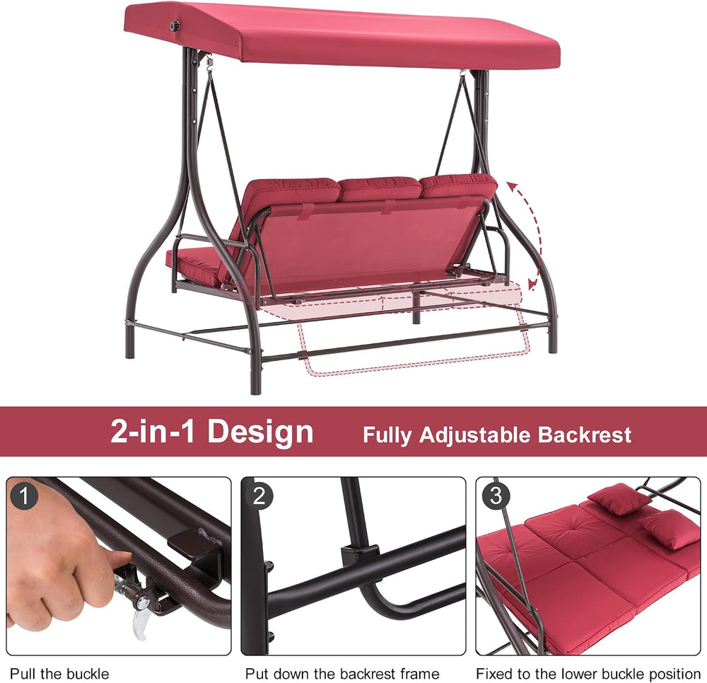 MCombo 3-Seat Outdoor Patio Swing Chair, 2-in-1 Convertible Porch Swing Glide...