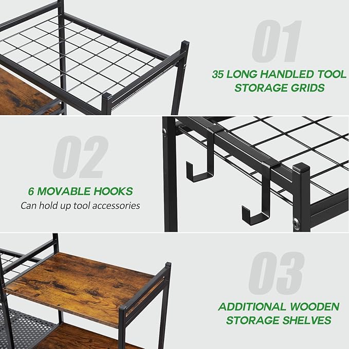 Garage Tool Organizer with 2-tier Wooden Shelves, Yard Tool Organizer for Gar...