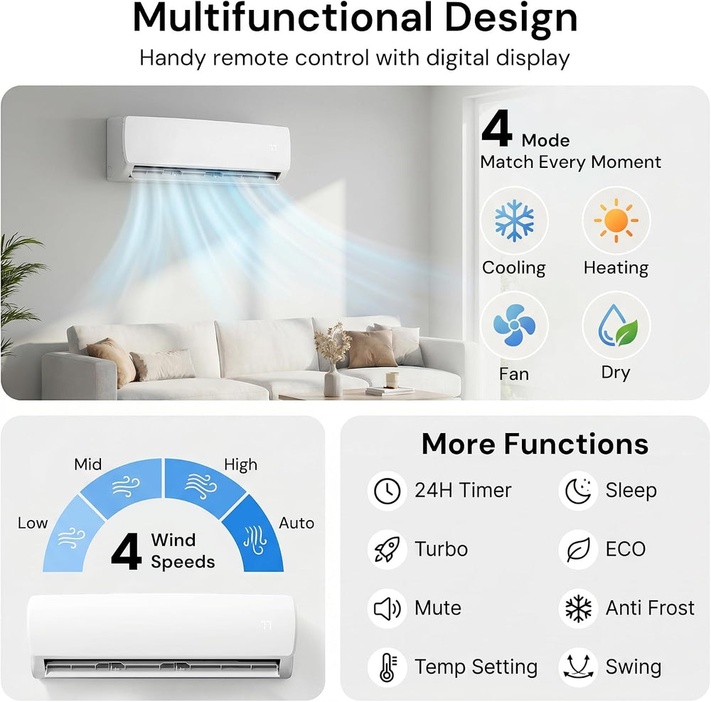 MEPTY 12000BTU Mini Split AC/Heating System, 19 SEER2 Energy Efficient Mini S...