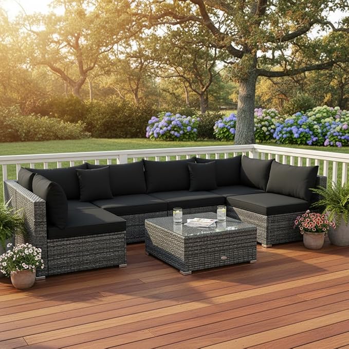 Tangkula 7 Pieces Patio Rattan Furniture Set, Patiojoy Outdoor Conversation S...