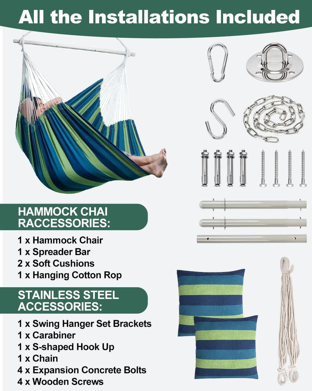 Lulladle 70.9"L XXL Hammock Chair Swing w/2 Cushions & Hardware Kit,...