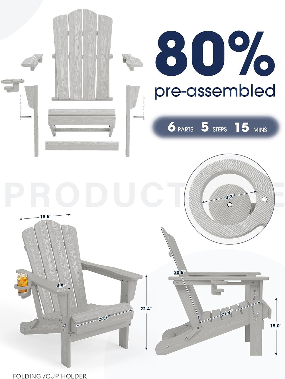 KINGYES Folding Adirondack Chair Set of 2 with Cup Holder, Silver Grey