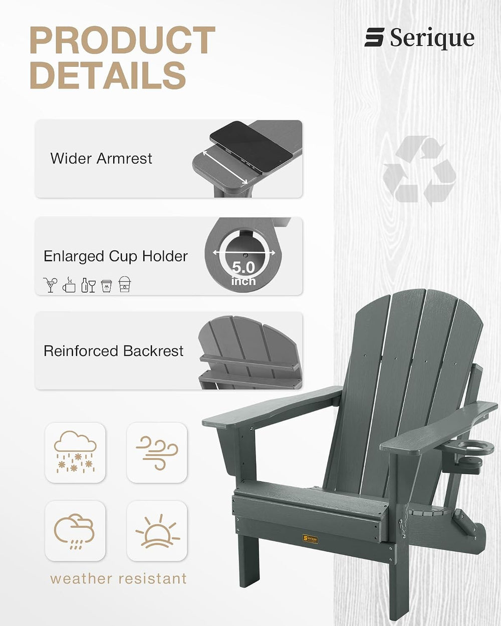 Folding Adirondack Chair, Wood Texture, Weather Resistant(Grey)
