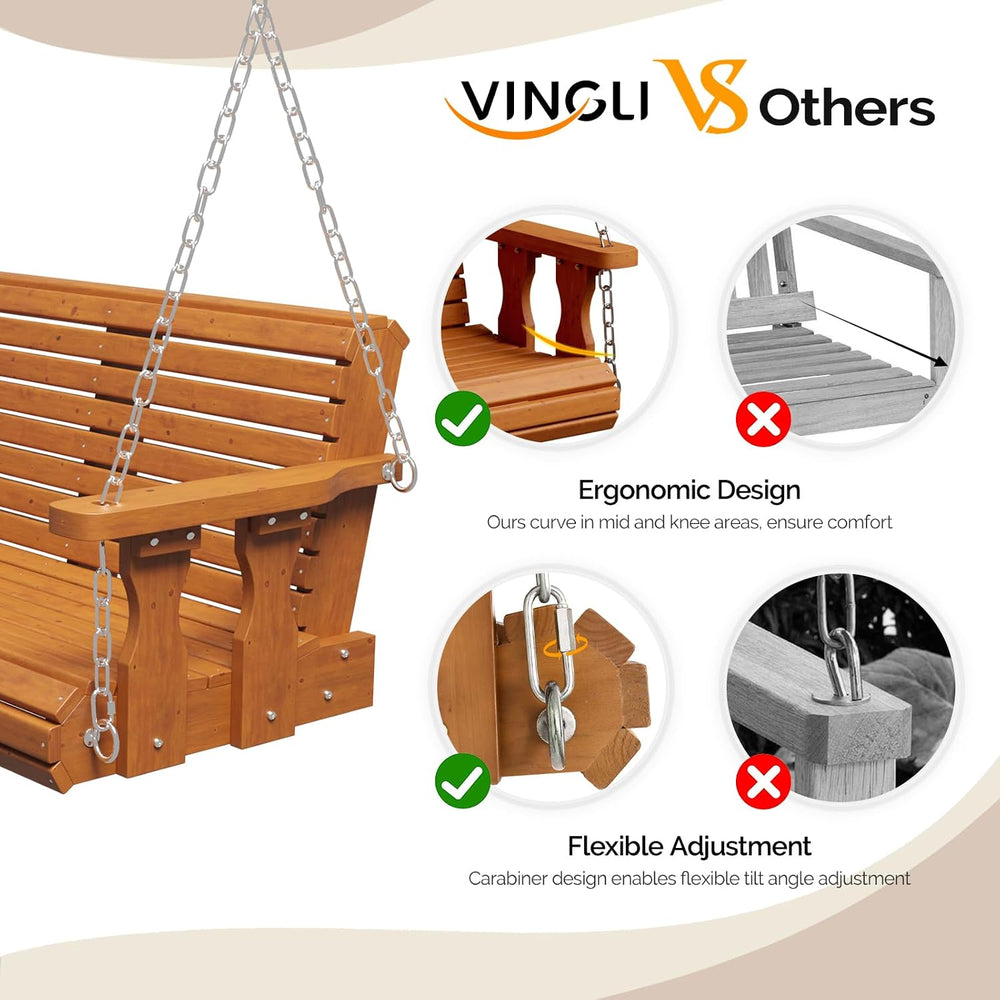 VINGLI 2026 Upgraded 4 FT Wooden Porch Swing, 880 LBS Heavy Duty, Brown