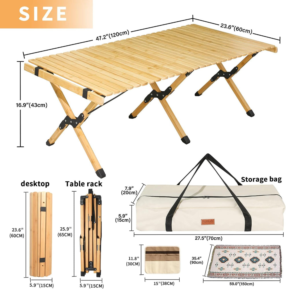 Portable Folding Table,4Ft Bamboo Outdoor Camping Table,Low Picnic Table for ...