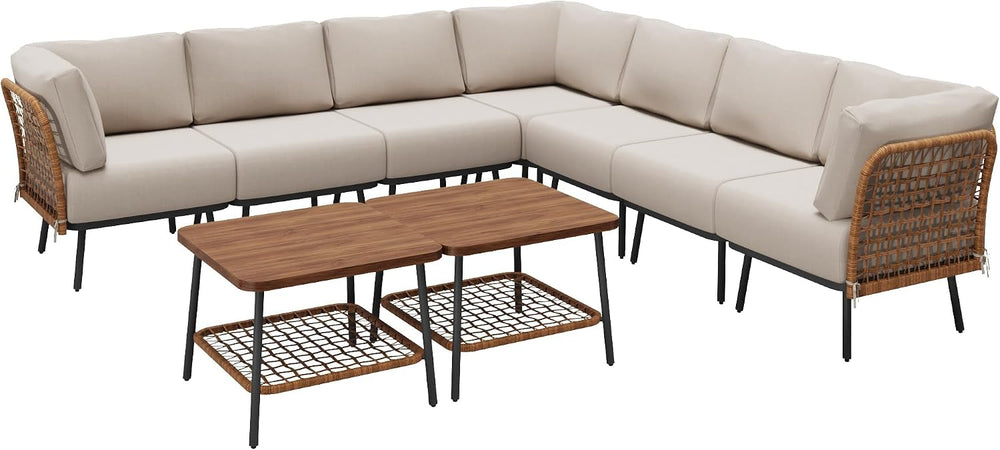 9-Piece Patio Conversation Set, 7-Seat Sectional Sofa with Table